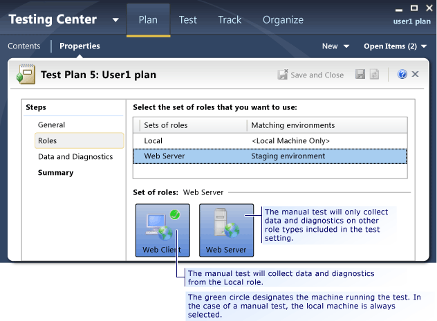 Página de Funções de configurações de teste