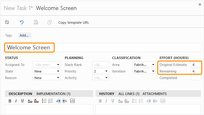 Work Item Form for Task