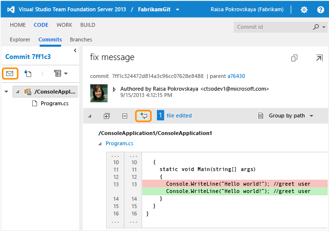 Git commit details on the web portal