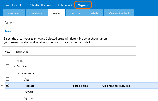 Set default area path for Migrate feature team