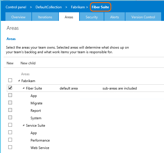 Areas page, Program team, set dfault areas