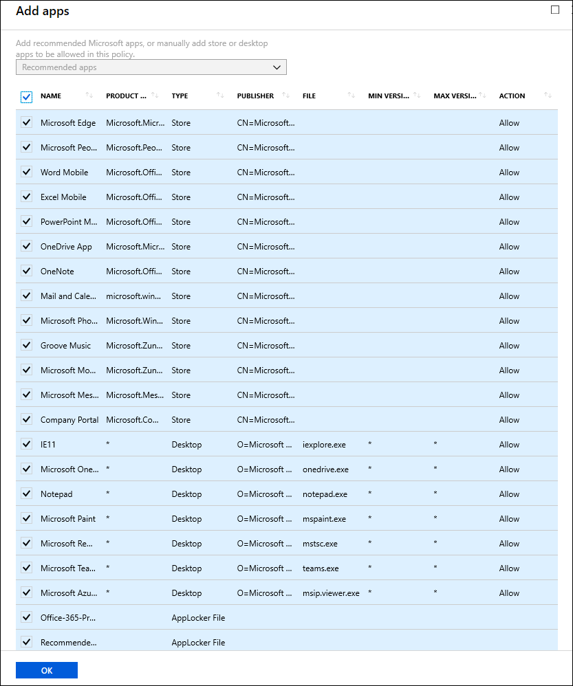 Microsoft Intune management console: Recommended apps.