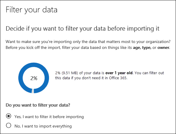 A página Filtrar os dados mostra as informações de dados dos ficheiros PST da tarefa de importação.