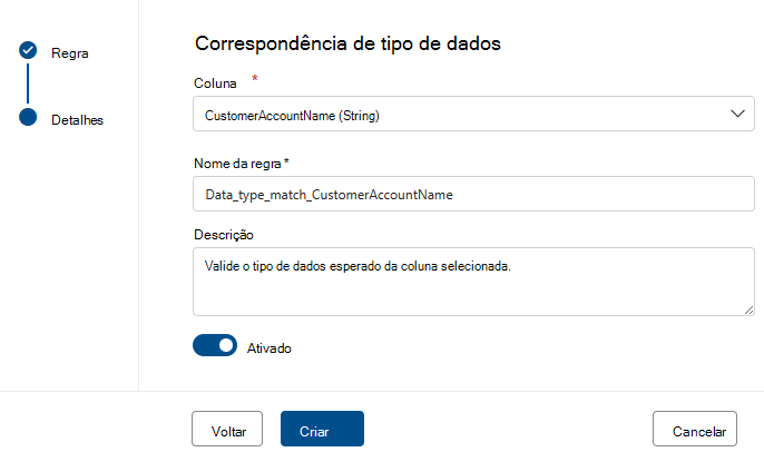 Screenshot of the menu to create a data type match rule.