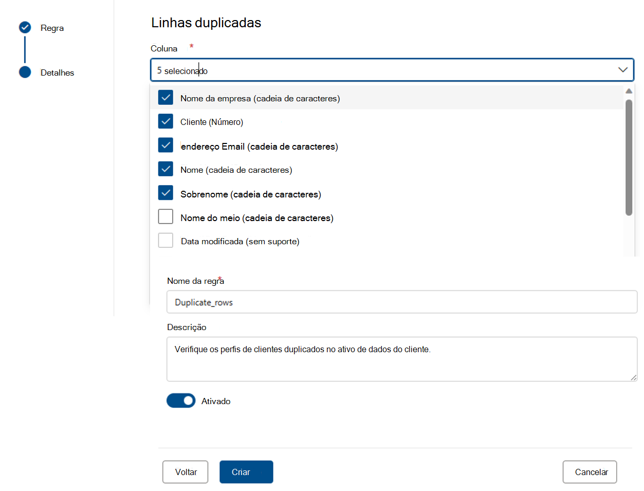 Screenshot of the menu to create a duplicate rows rule.