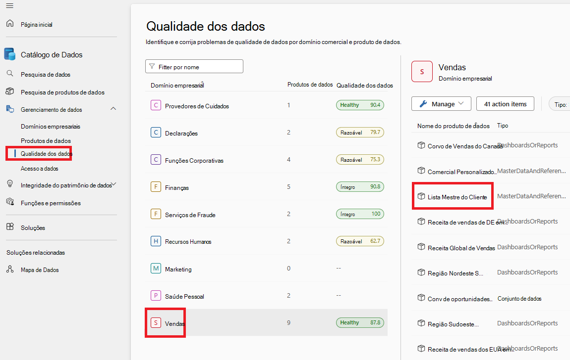 Screenshot of data quality page, with a governance domain selected and a data product highlighted.