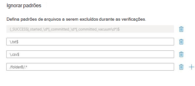 Captura de ecrã a mostrar o painel ignorar padrões com quatro expressões regulares definidas. O primeiro é o regex de transação do Spark pré-preenchido, o segundo é \\.txt$, o terceiro é \\.csv$e, por fim, .folderB/.*.