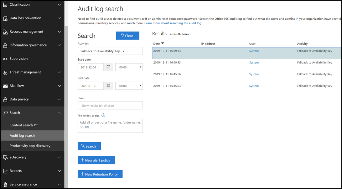 Pesquisa de registos de auditoria para eventos de chave de disponibilidade