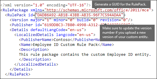 Marcação XML a mostrar o elemento RulePack.