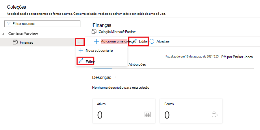 Captura de ecrã da janela do portal de governação do Microsoft Purview, aberta na janela de coleção, com o botão 