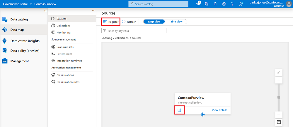 Captura de ecrã da janela do portal de governação do Microsoft Purview do mapa de dados com o botão registar realçado na parte superior da página e numa coleção.