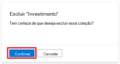 Captura de ecrã da janela do portal de governação do Microsoft Purview a mostrar a mensagem de confirmação para eliminar uma coleção