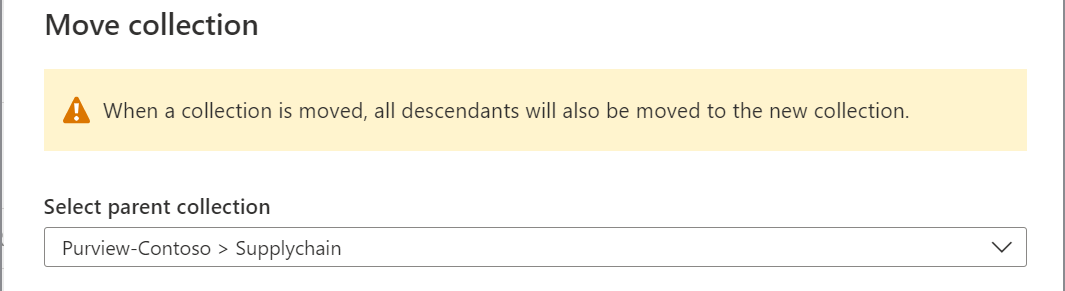 Captura de ecrã da janela do portal de governação do Microsoft Purview com a janela mover coleção aberta.