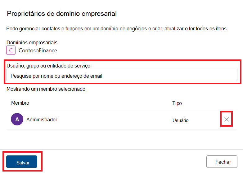 Captura de ecrã da página de edição de funções de domínios de governação com os botões procurar, x e guardar realçados.