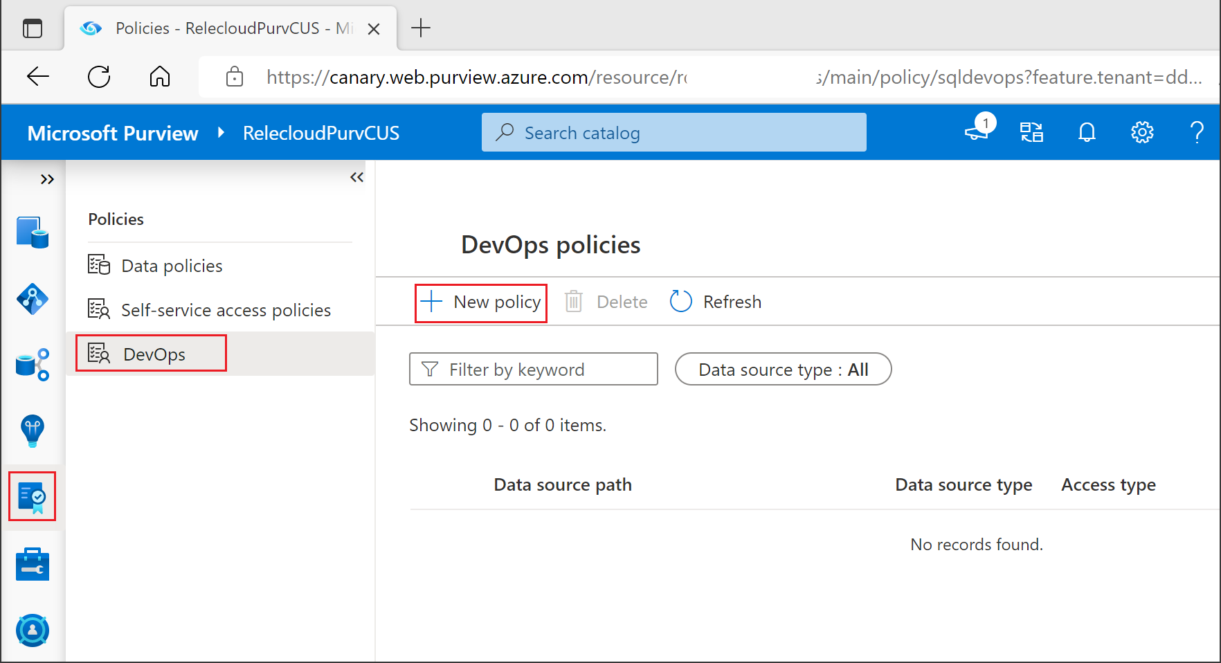 Captura de ecrã a mostrar o botão para criar uma nova política do SQL DevOps.