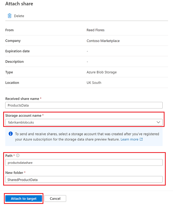 Captura de ecrã a mostrar a página de configuração de convite de partilha, com um nome de partilha adicionado, uma coleção selecionada e o botão aceitar e configurar realçado.