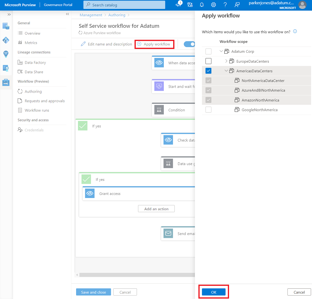 Captura de tela que mostra o workspace de fluxo de trabalho com uma lista de itens no menu para aplicar um fluxo de trabalho.