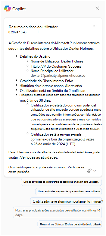 Botão Copilot de gestão de riscos internos