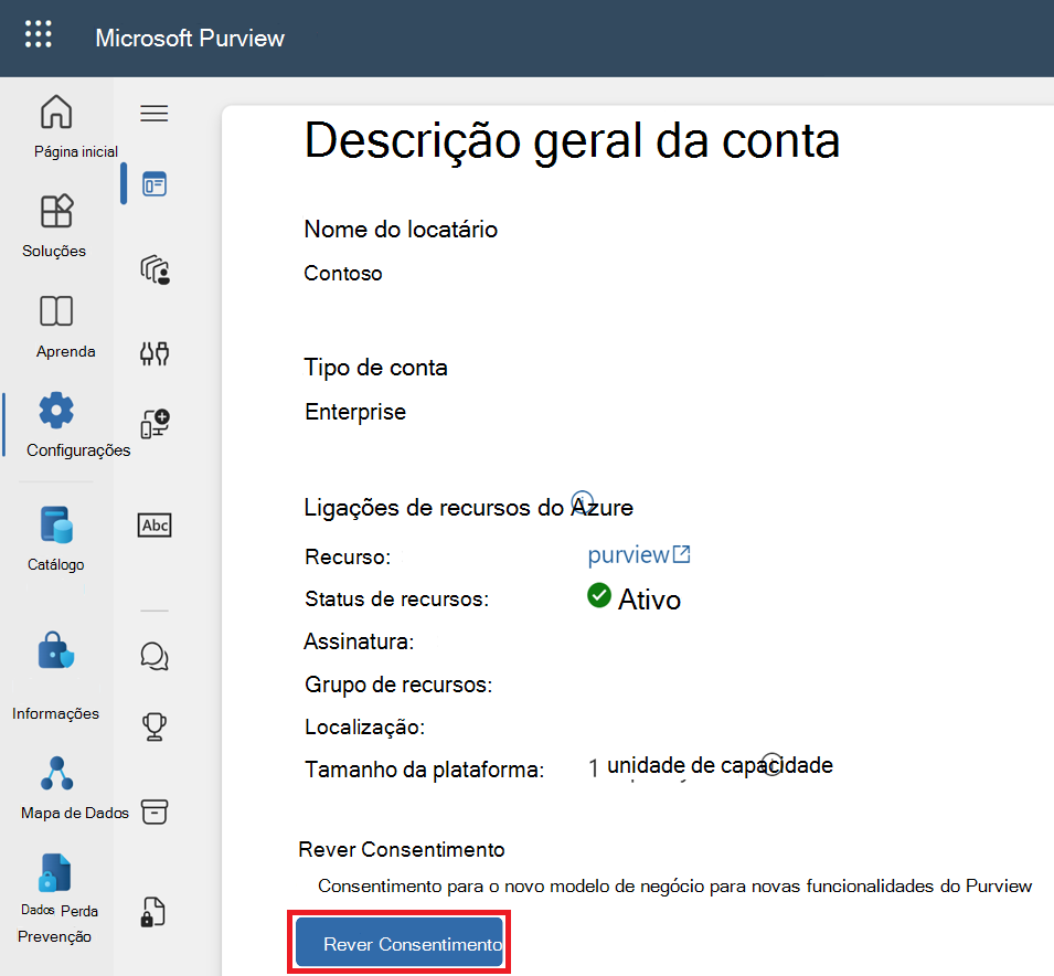 Captura de ecrã a mostrar as definições de descrição geral da conta, com o botão Rever consentimento que pode utilizar mais tarde.