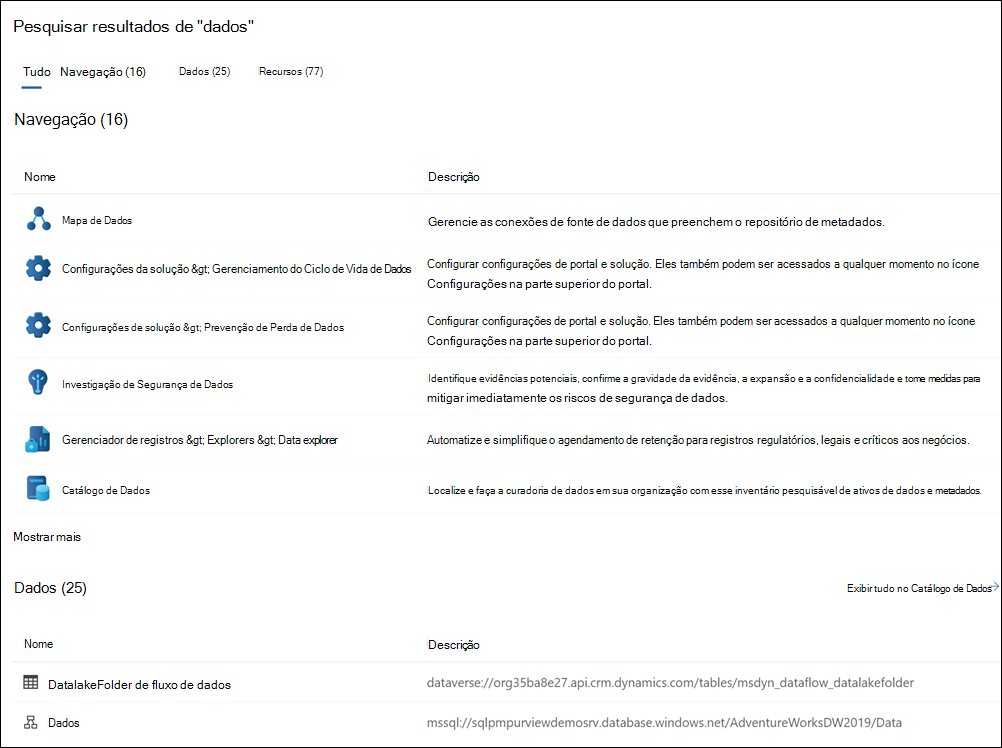 Resultados de pesquisa do portal do Microsoft Purview.