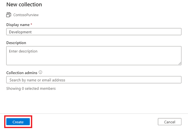 Captura de tela da janela do portal de governança do Microsoft Purview, mostrando a nova janela de coleção, com um nome de exibição e administradores de coleção selecionados e o botão criar realçado.