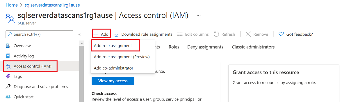 Captura de ecrã a mostrar seleções para adicionar uma atribuição de função para controlo de acesso.