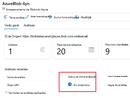 Captura de tela de uma página de detalhes de origem com uma verificação mostrando um status em andamento.