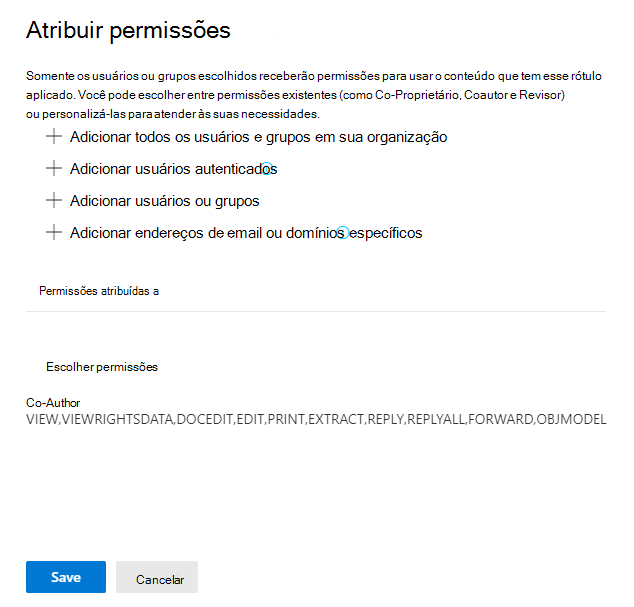 Opções de encriptação para atribuir permissões a utilizadores.