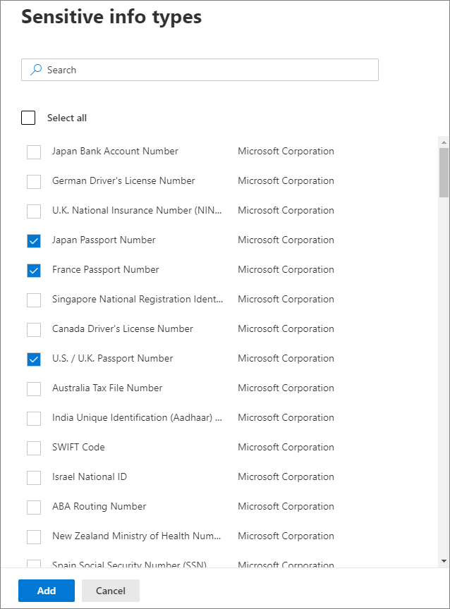 Tipos de informações confidenciais para etiquetagem automática nas aplicações do Office.