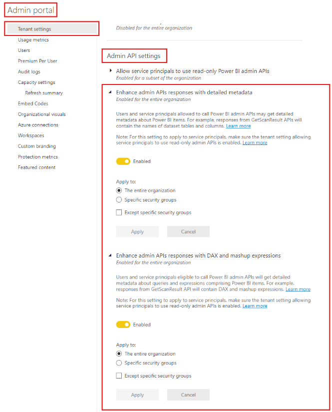 Imagem mostrando a configuração do portal de administração do Power BI para habilitar a verificação de subartifact.