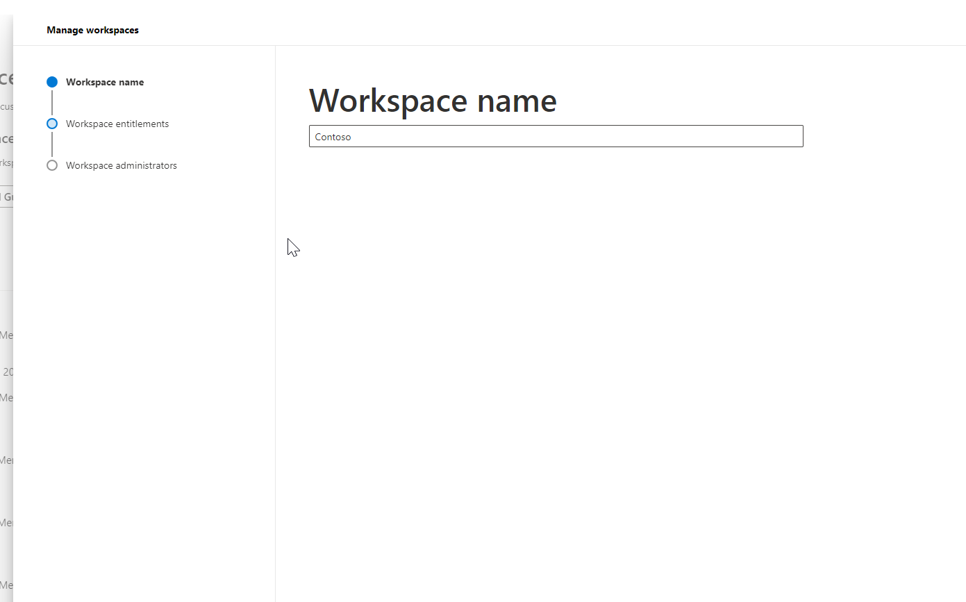 Tela Gerenciar espaços de trabalho, mostrando o campo Nome do espaço de trabalho.