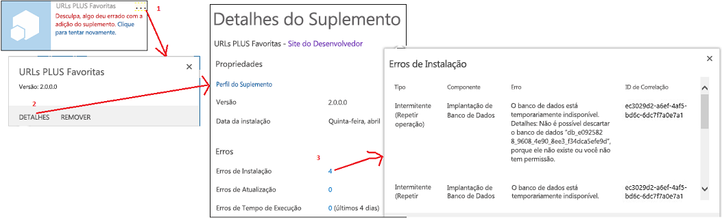 Etapas para ver erros de instalação de suplemento no SharePoint.