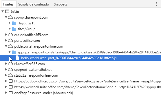 Pacote da web part HelloWorld vindo da URL da CDN pública na aba de fontes de ferramentas de desenvolvedor do Chrome