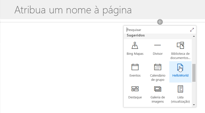 Web part HelloWorld visível no seletor de web parts da página moderna