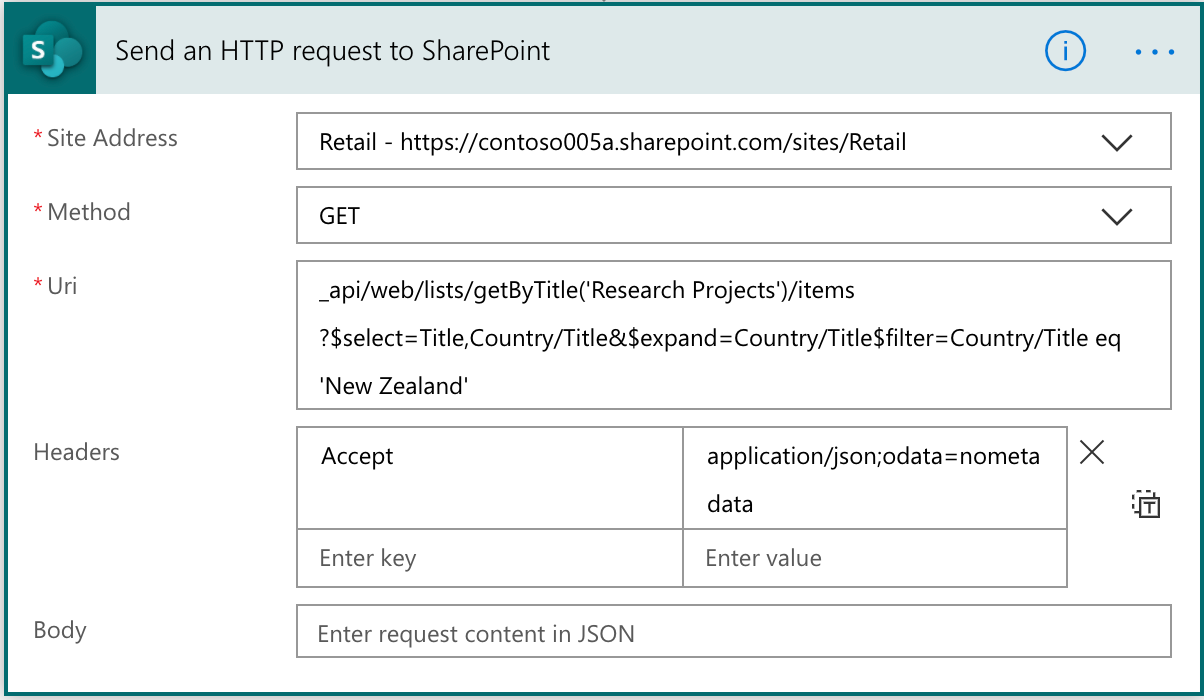 Ação Enviar um Pedido HTTP para o SharePoint