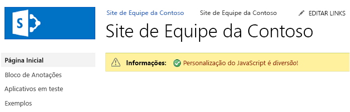 Barra de status adicionada a todas as páginas do site no SharePoint