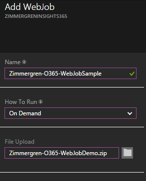 A caixa de diálogo Adicionar WebJob é exibida. O campo Nome contém o texto Zimmergren-O365-WebJobSample e o campo Como Executar contém o texto Sob Demanda.