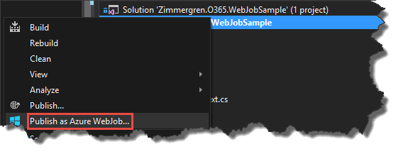 O menu de contexto Gerenciador de Soluções é exibido com a opção Publicar como WebJob do Azure realçada.