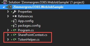 O Gerenciador de Soluções mostra as classes recém-adicionadas, Contexto do Microsoft Office SharePoint Online e Auxiliar de Token.