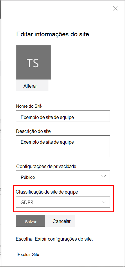 A opção de classificação de site ao editar as configurações de Informações do Site de um site 