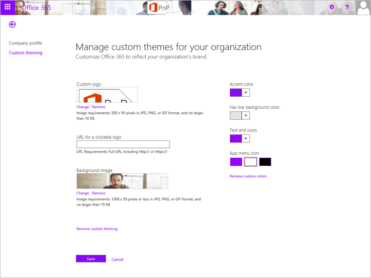 Exibe o site Office 365, mostrando a página de guia de temas personalizada, intitulada Gerenciar temas personalizados para sua organização, Personalize Office 365 para refletir a marca de sua oganização. As configurações estão disponíveis para logotipo personalizado, URL para um logotipo clicável, imagem em segundo plano, cor de destaque, cor de fundo da barra de navegação, cor de texto e ícones e cor do ícone do menu do aplicativo.