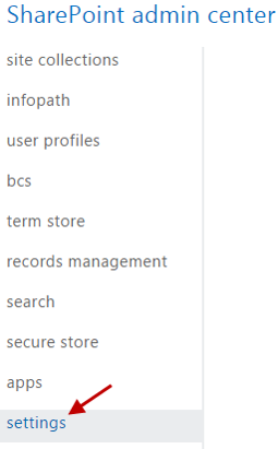 O menu do centro de administração do SharePoint, com a opção de menu de configurações realçada.