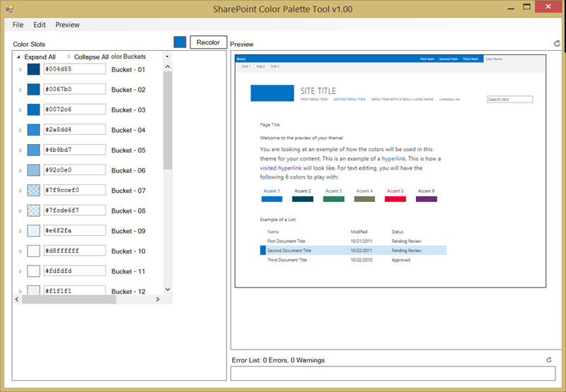 A ferramenta de paleta de cores do SharePoint