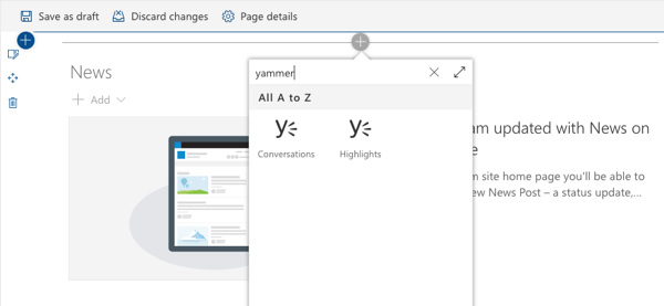 Web parts padrão do Yammer incluídas no SharePoint