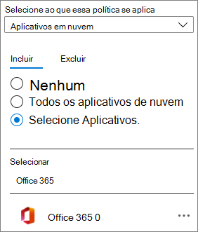 Captura de ecrã da aplicação na nuvem do Office 365 numa política de Acesso Condicional do Microsoft Entra