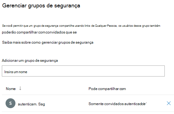 Captura de ecrã do painel Gerir grupos de segurança.