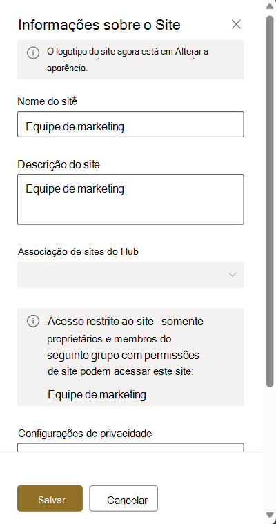 captura de ecrã da página de informações do site para controlo de acesso restrito.