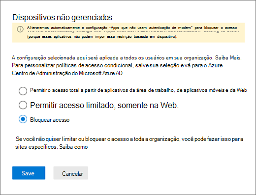 O painel Dispositivos não geridos no centro de administração do SharePoint