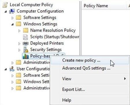 Captura de ecrã que mostra a opção Criar nova política selecionada após clicar com o botão direito do rato em QoS baseado em políticas.