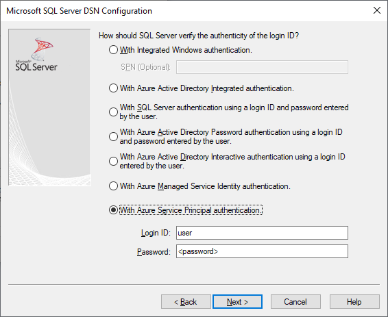 A tela de criação e edição do DSN com uma autenticação da entidade de serviço do Microsoft Entra foi selecionada.